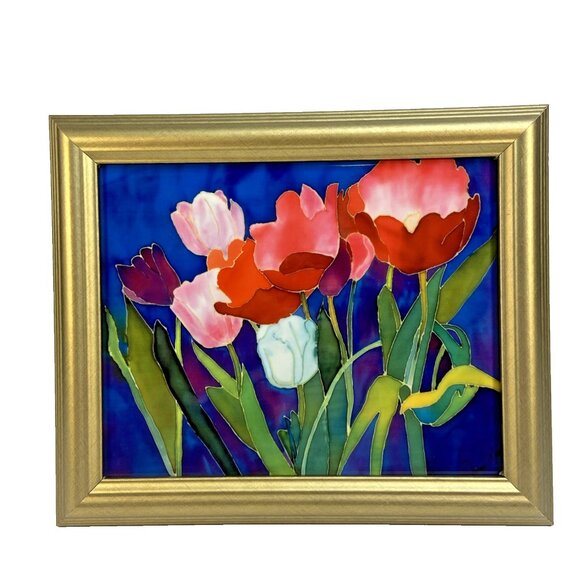 Vtg Red Tulip Ceramic Tile 8x10 Framed Home Decor Wall Art Floral Art Nouveau - Picture 1 of 7